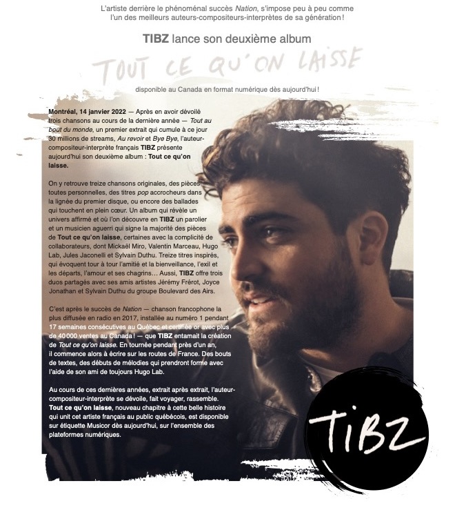 TIBZ lance son deuxième album : Tout ce qu'on laisse